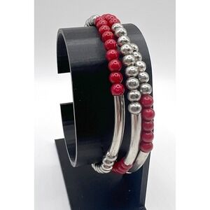 Red & Blue Beaded Memory Wire Bracelets Set Stackable Jewelry Set of 2‎